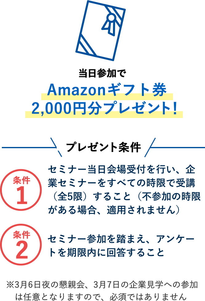 特典2：当日参加でAmazonギフト券2,000円分プレゼント！プレゼント条件：①セミナー当日会場受付を行い、企業セミナーをすべての時限で受講（全5限）すること（不参加の時限がある場合、適用されません）②セミナー参加を踏まえ、アンケートを期限内に回答すること。※3月6日夜の懇親会、3月7日の企業見学への参加は任意となりますので、必須ではありません。