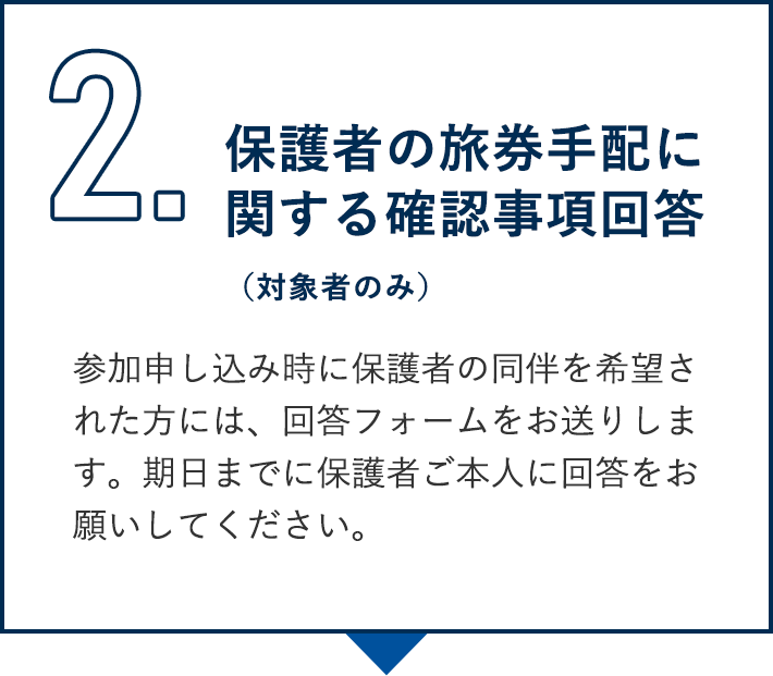 2.保護者の旅券手配に関する確認事項回答（対象者のみ）。参加申し込み時に保護者の同伴を希望された方には、回答フォームをお送りします。期日までに保護者ご本人に回答をお願いしてください。期間は、2025年1月21日（火）まで