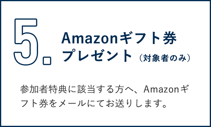 5.Amazonギフト券プレゼント（対象者のみ）。参加者特典に該当する方へ、Amazonギフト券をメールにてお送りします。期限は、2025年4月末まで。