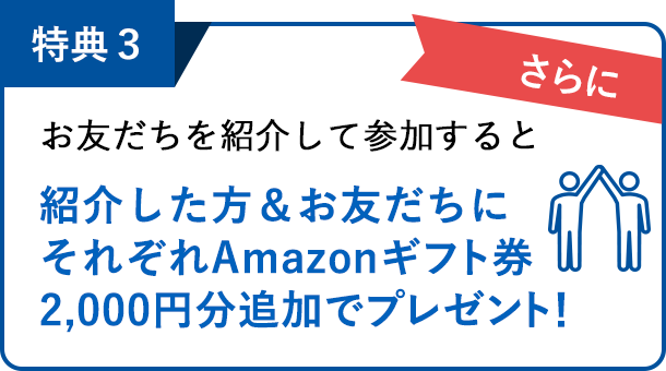 特典3：さらに！お友だちを紹介して参加すると、紹介した方＆お友だちにそれぞれAmazonギフト券2,000円分追加でプレゼント！