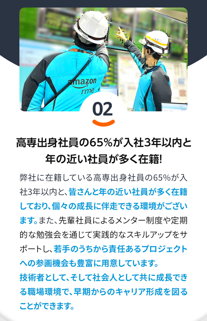 おすすめポイント02高専出身社員の６５％が入社3年以内と年の近い社員が多く在席