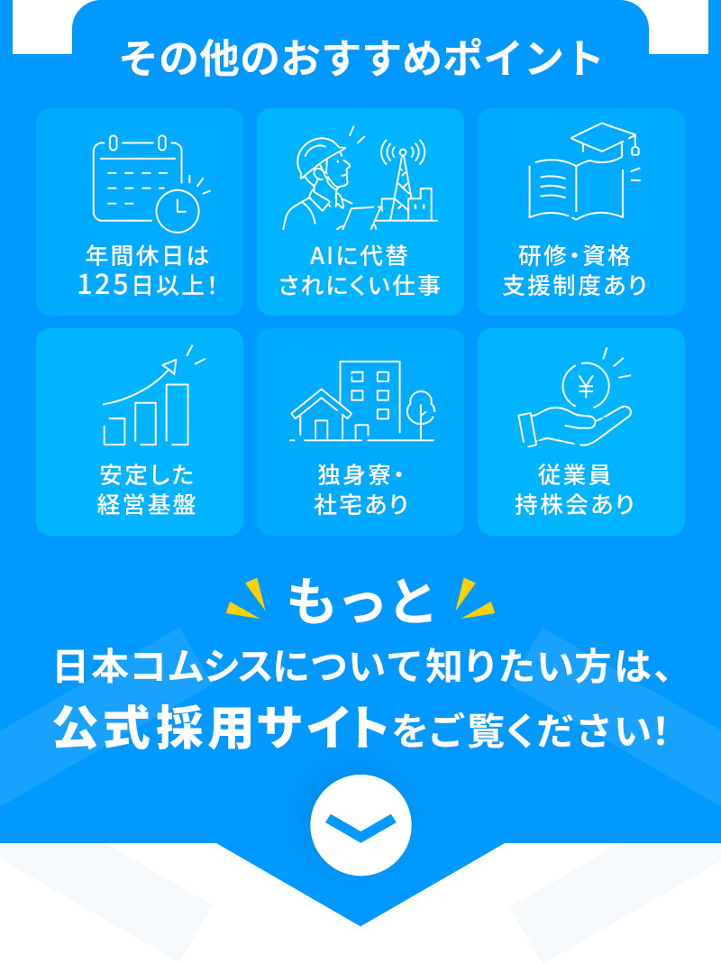 その他のおすすめポイント|年間休日は125日以上！|AIに代替されにくい仕事|研修・資格支援制度あり|安定した経営基盤|独身寮・社宅あり|従業員持株会あり